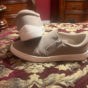 Tan Slip-On Sneakers with Side Zipper
